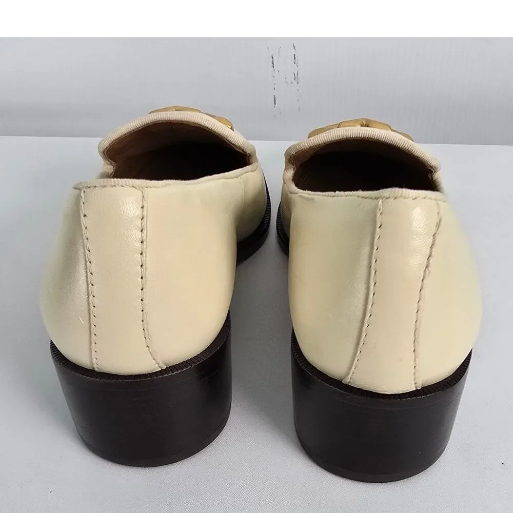 Tory Burch Eleanor Heeled Loafers Cream Leather Brass Logo Size 7M